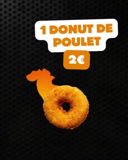 Donut de poulet pané croustillant présenté sur un fond noir texturé avec un logo poulet orange.